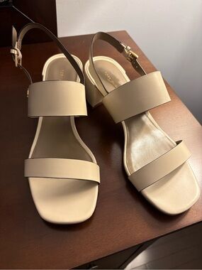 Tory Burch Neutral Beige Double-Strap Block Heel Sandals